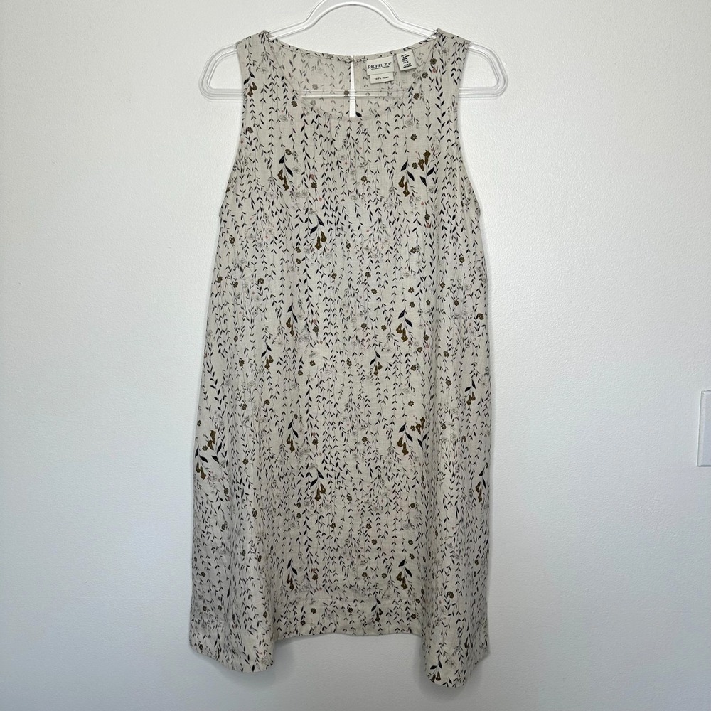 Rachel Zoe Shift Linen Dress Size M Beige Ditsy Floral Pockets Boho Beach